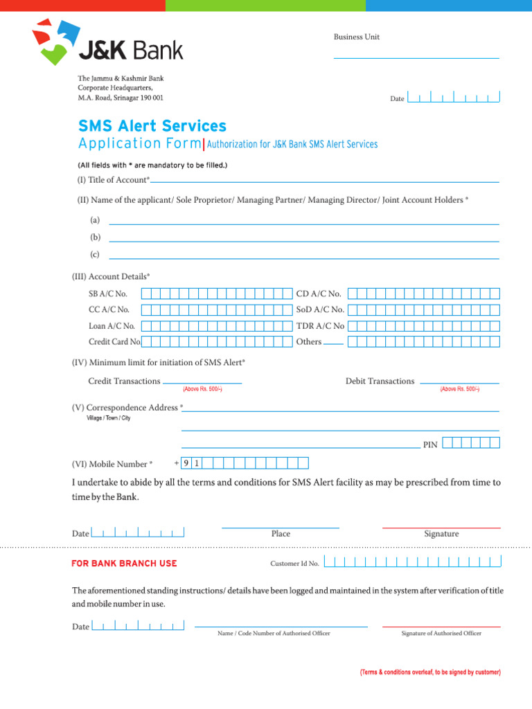 SMS Alert Form (1) | PDF | Banks | Debit Card