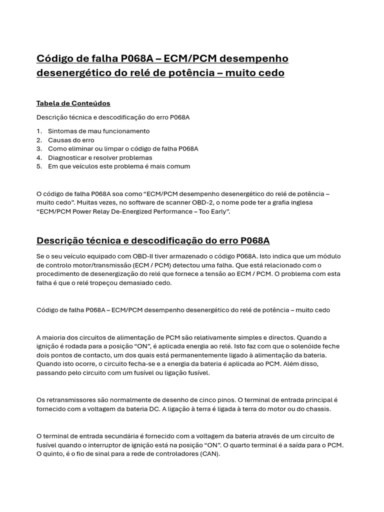 Código de Falha P068A: Diagnóstico e Solução | PDF | Relé | Rede de ...
