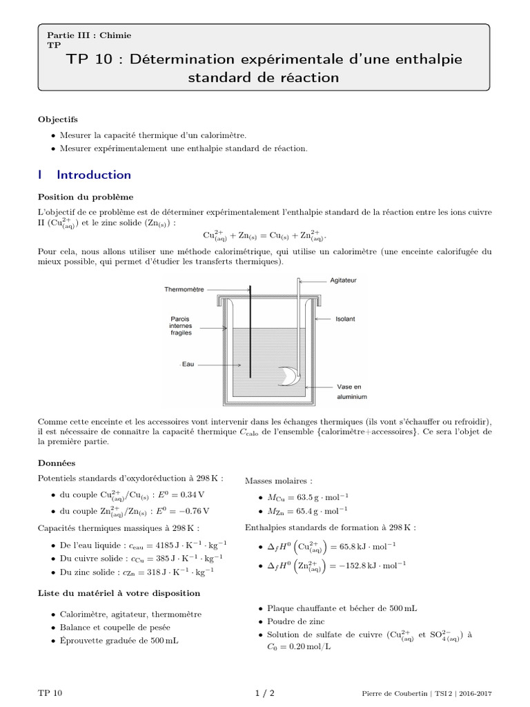 Enthalpie standard de réaction par calorimétrie | PDF | Capacité ...