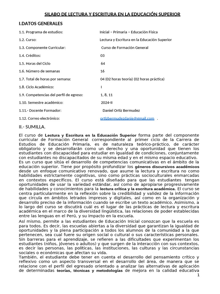 Silabo de Lectura y Escritura Superior | PDF | Evaluación | Plan de ...