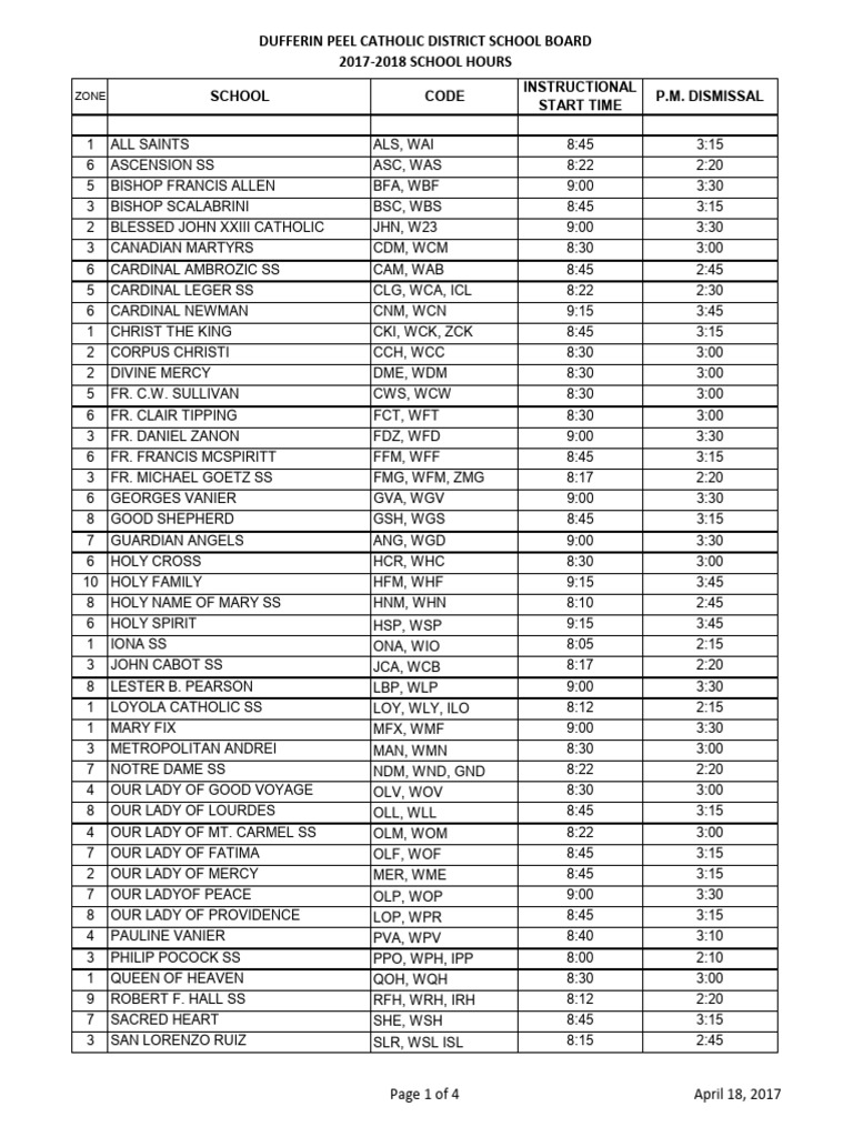 DPCDSB 2017-2018 School Hours | PDF | Catholic Church | Christian Saints