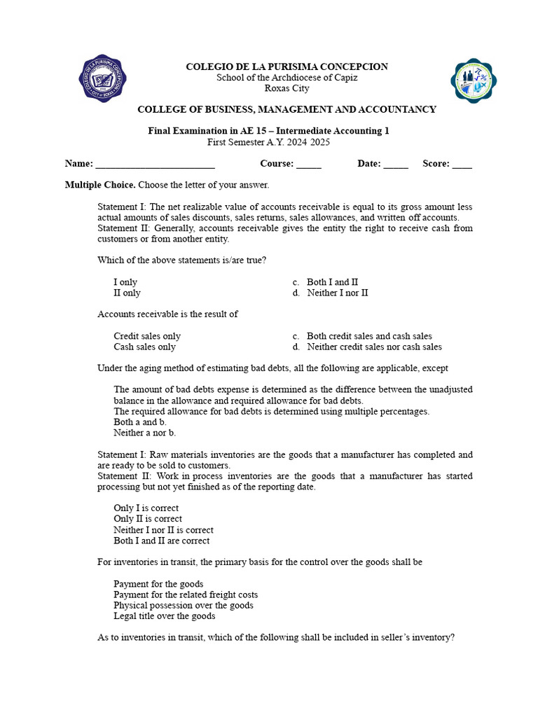 IntAcc 1 Final Exam | PDF | Cost Of Goods Sold | Inventory