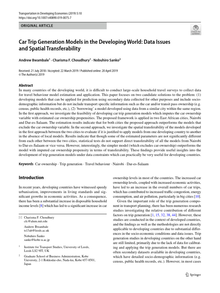 Car Trip Generation Models in The Developing World Data Issues and ...