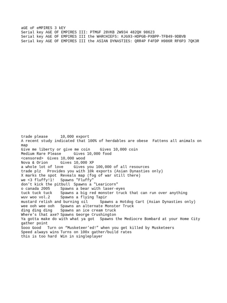 Age of Empires III Cheat Codes | PDF