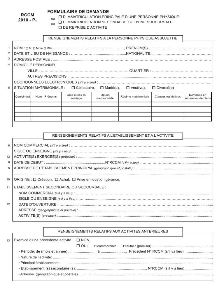 Demande d'immatriculation RCCM | PDF