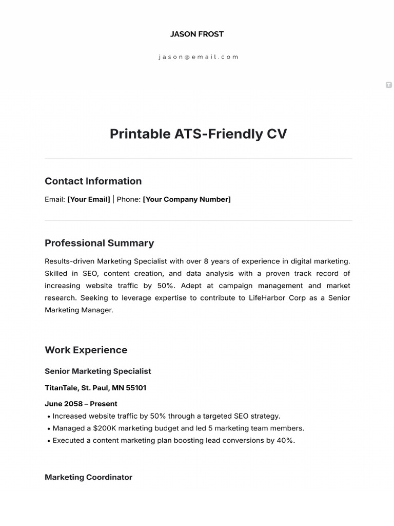 Printable ATS-Friendly CV Template | PDF