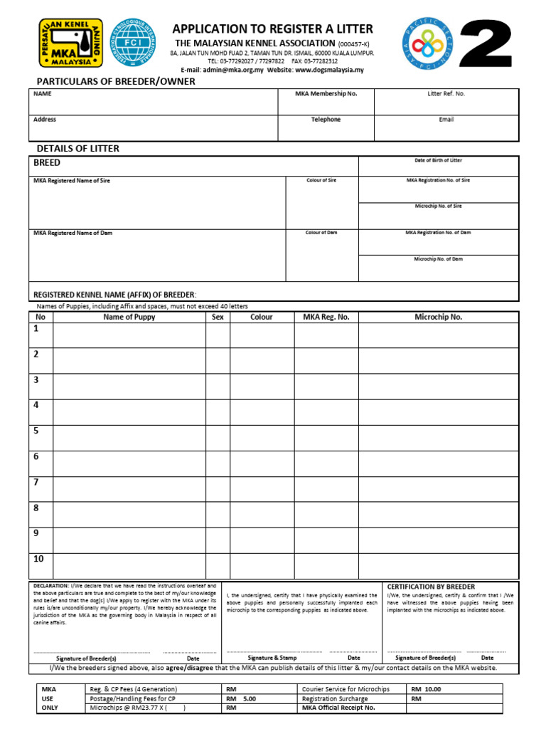 KCI Litter Registration Application Form | PDF | Dogs