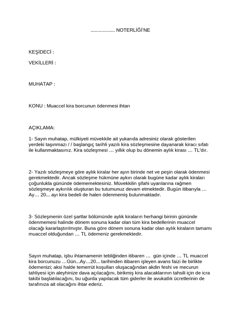 Aidat Ödemeyen Kiracı Ihtarname Örneği | PDF