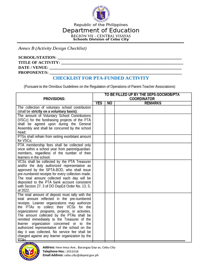 PTA Activity Design Checklist Guide | PDF