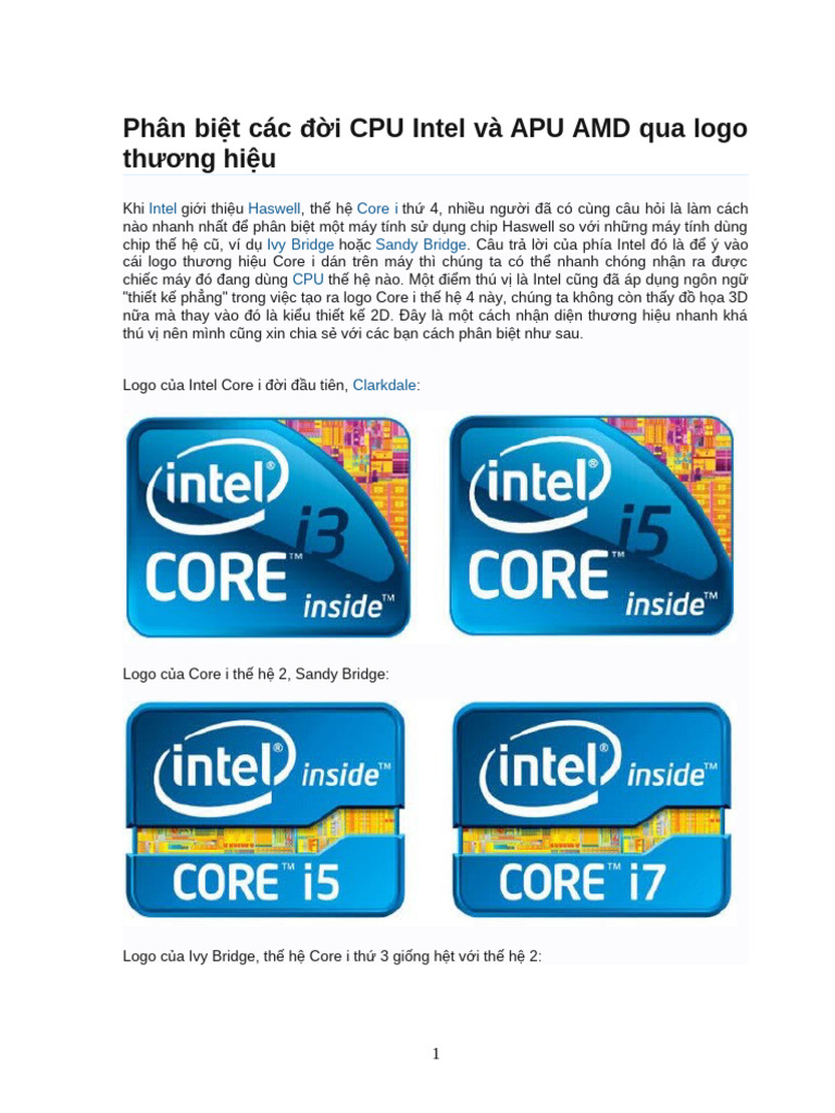 Phân biệt các đời CPU Intel và APU AMD qua logo thương hiệu | PDF