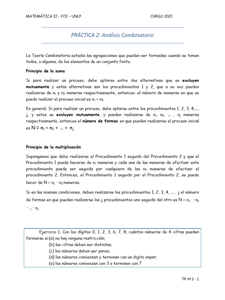 PRÁCTICA 2 - Análisis Combinatorio | PDF | Combinatoria | Multiplicación