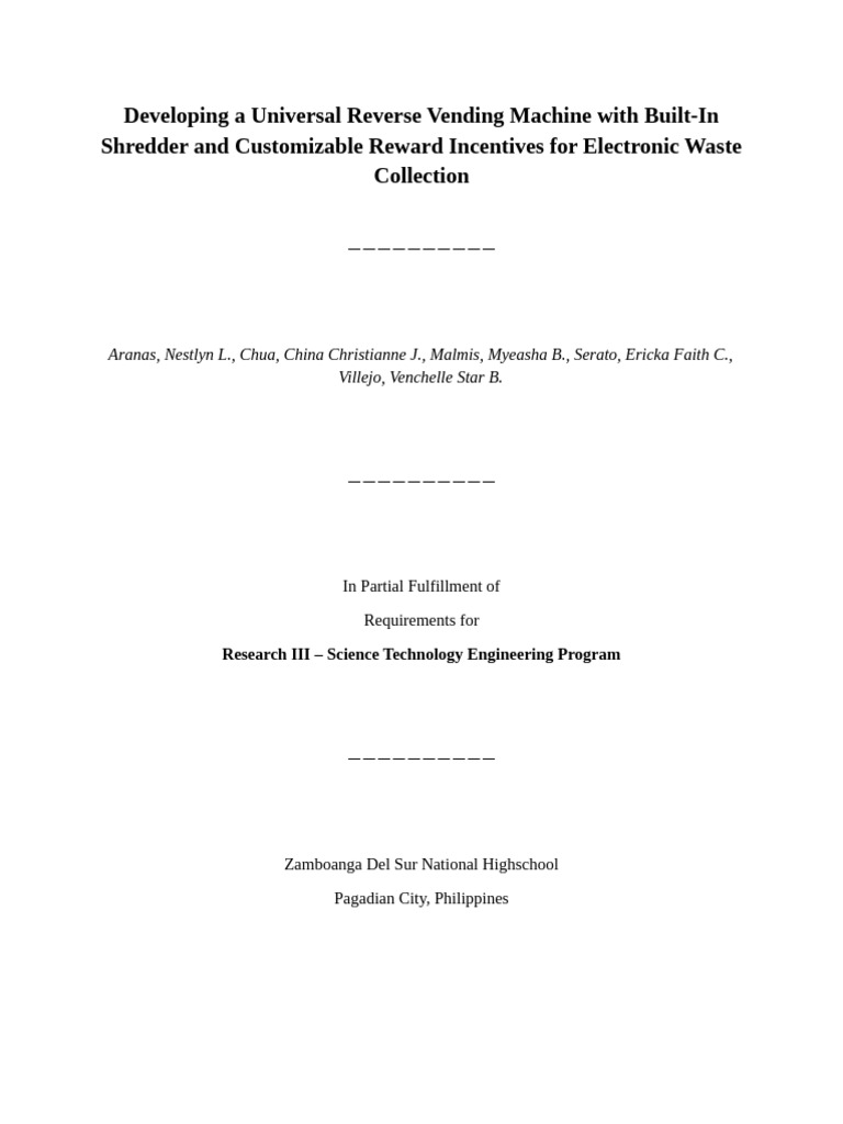Developing A Universal Reverse Vending Machine With Final | PDF