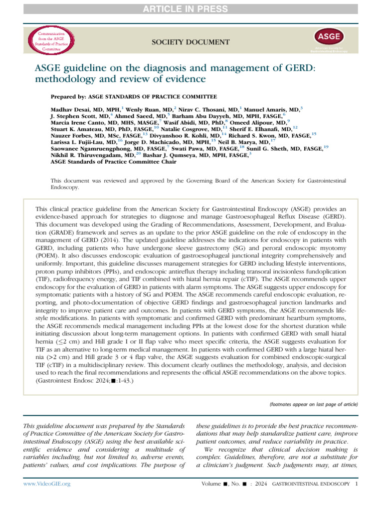 ASGE Guideline on the Diagnosis and Management of GERD | PDF ...