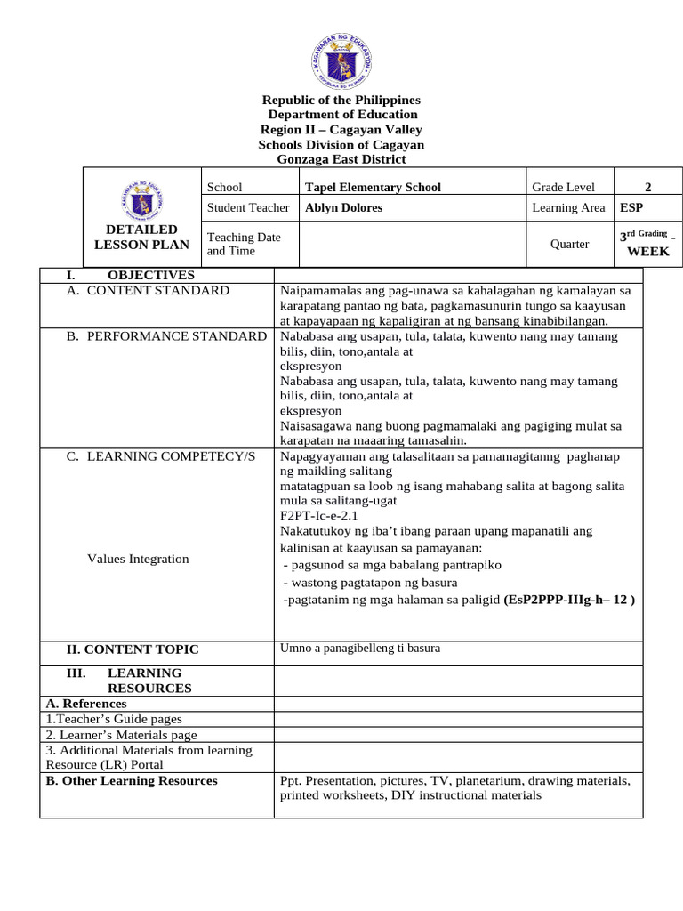 Grade 2 ESP Detailed Lesson Plan | PDF | Teaching | Behavior Modification