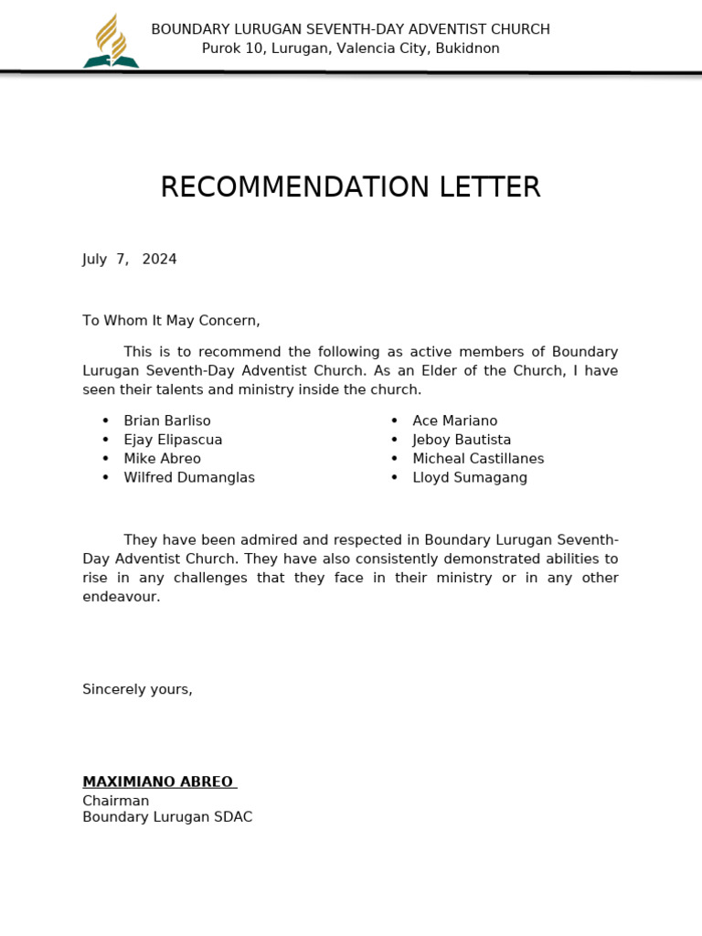 Recommendation Letter for Church Members | PDF