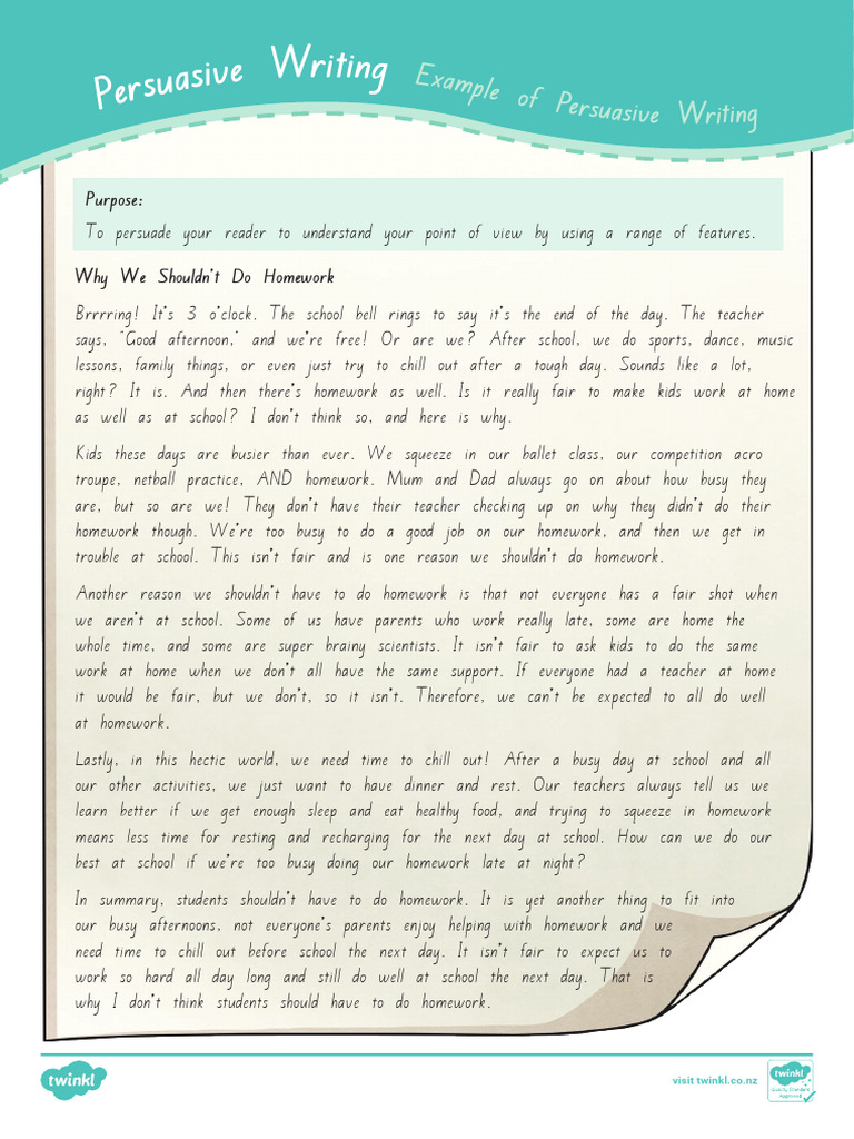 Level 3 Writing - Persuasive Writing Exemplar | PDF | Homework