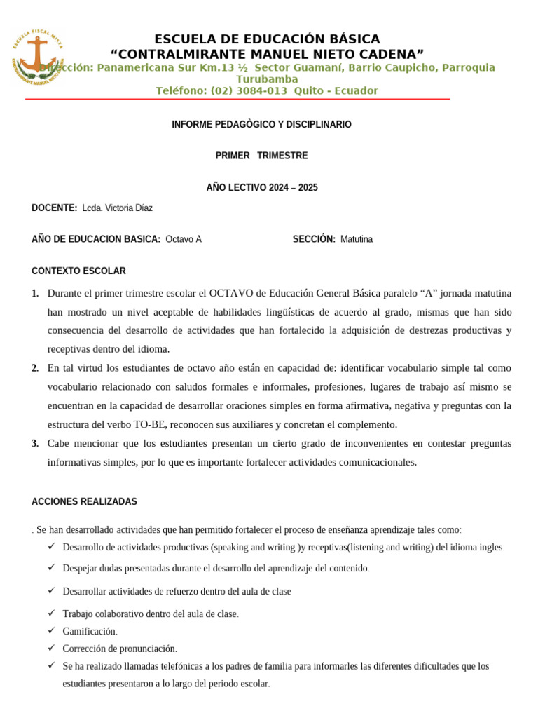 Informe Pedagógico Primer Trimestre 2024 | PDF | Maestros | Aprendizaje