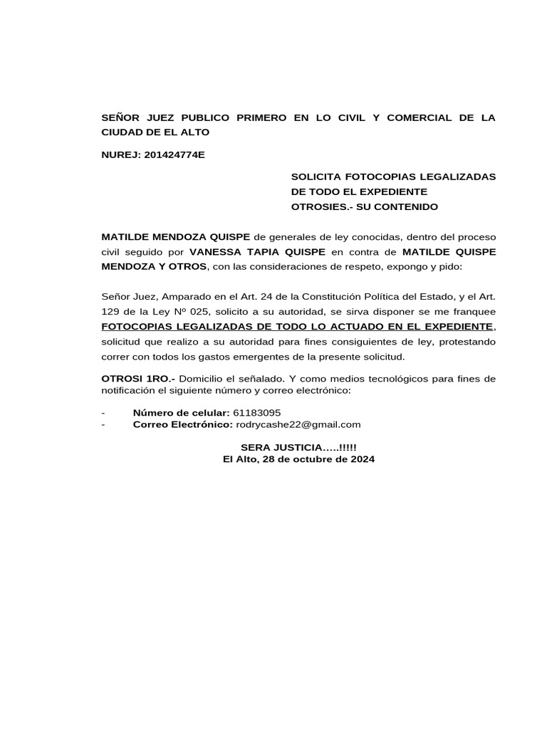 SOLICITA FOTOCOPIAS LEGALIZADAS PROCESO CIVIL DE MATILDE MENDOZA QUISPE ...