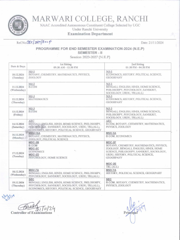 Programme For End Sem 2 2024 | PDF