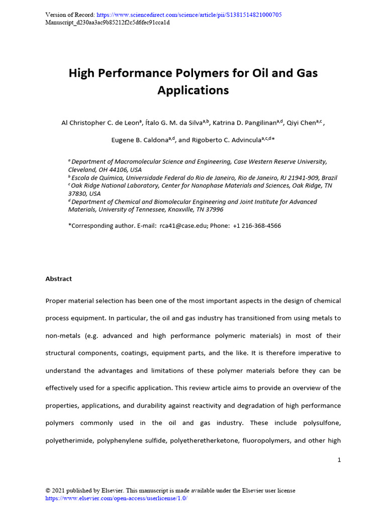 High Performance Polymers For Oil and Gas Applications: Version of ...
