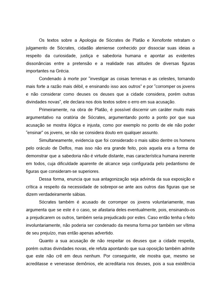 Apologia de Sócrates: Platão e Xenofonte | PDF | Sócrates | Sabedoria