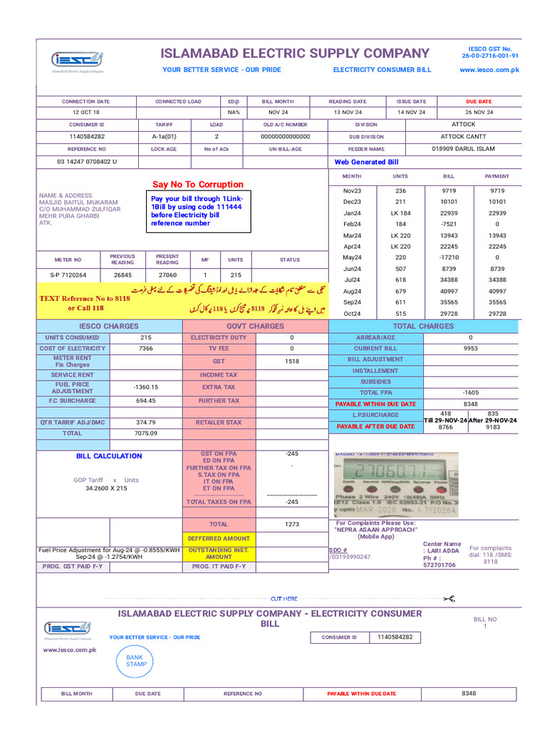 IESCO Online Bill PDF Taxes Value Added Tax