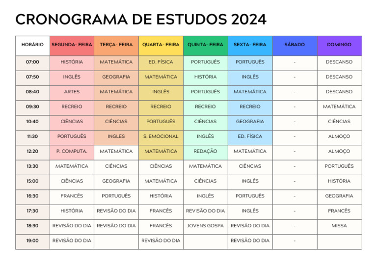 Cronograma Semanal de Estudos 2024 | PDF