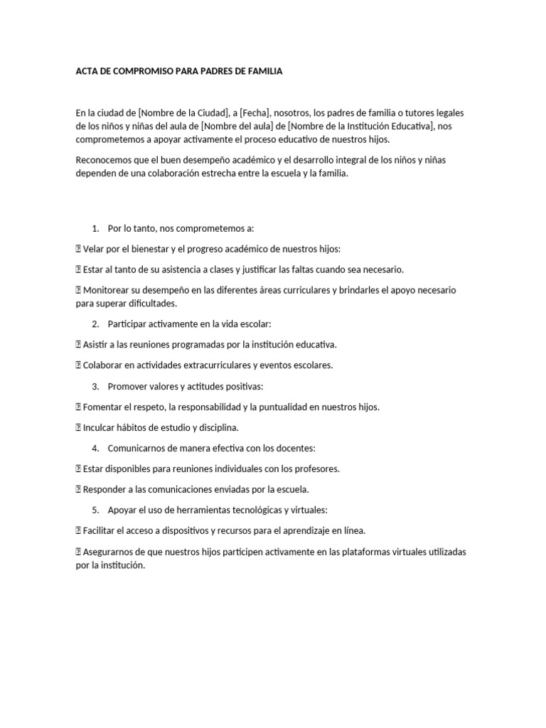 Acta de Compromiso para Padres de Familia-2024 | PDF | Escuelas | Salón ...