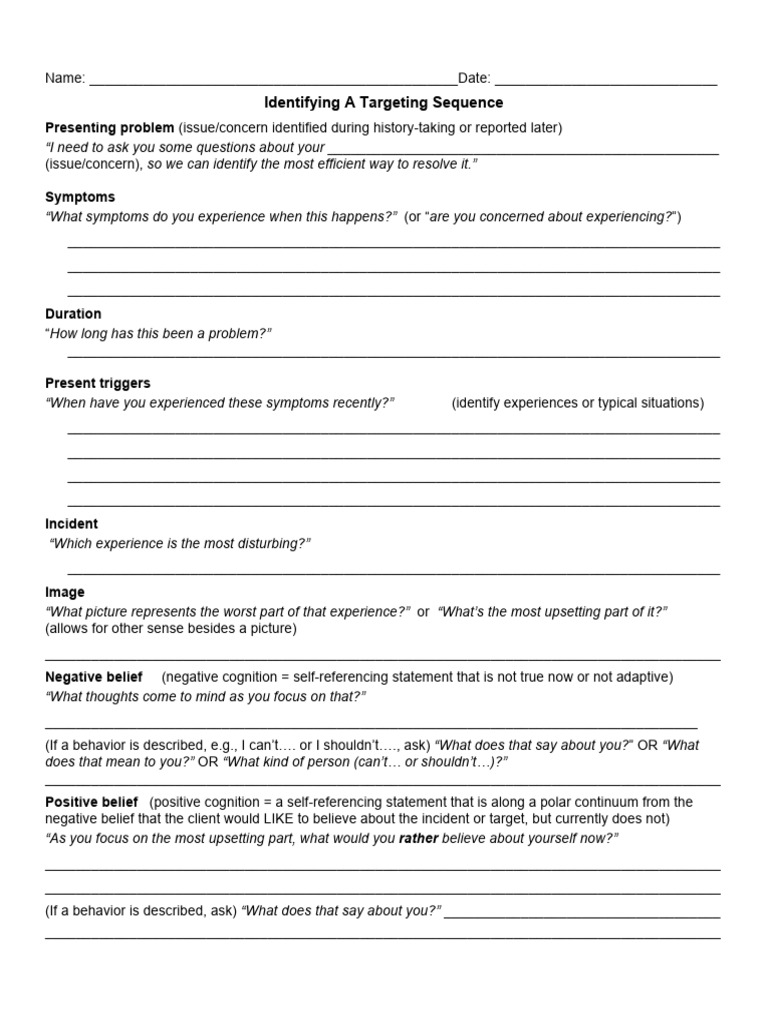 EMDR Target Sequence Plan Worksheet | PDF | Thought | Mental Processes