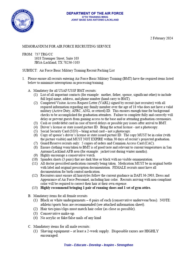 Air Force BMT Recruit Packing List | PDF | Bra