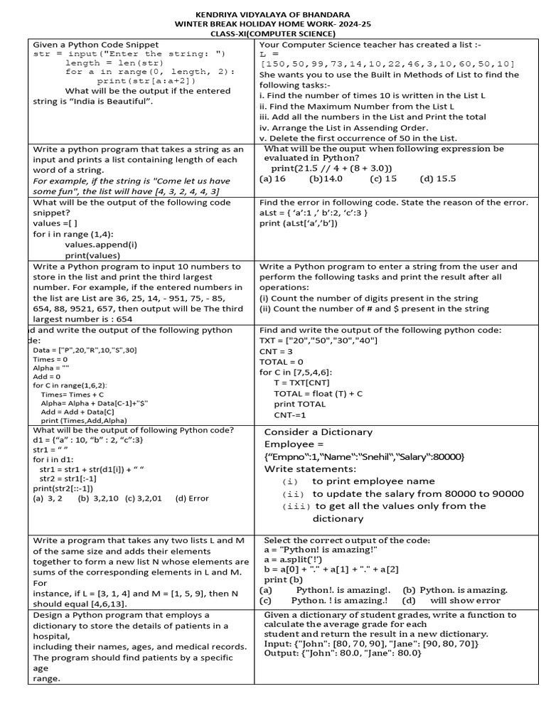 Winter Holidays Home Work-Class-XI-CS | PDF | String (Computer Science ...