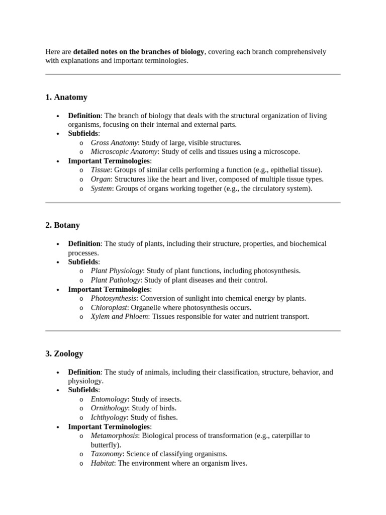 Here are detailed notes on the branches of biology pdf cell