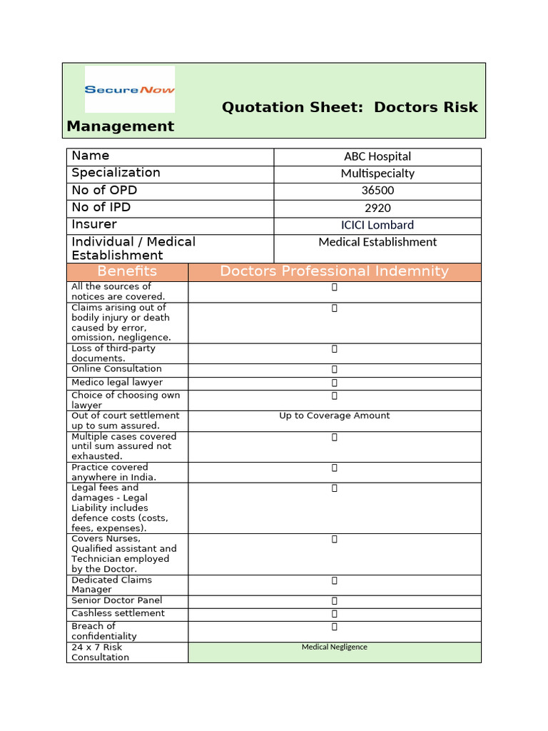 Doctors Risk Management Quotation Sheet | PDF