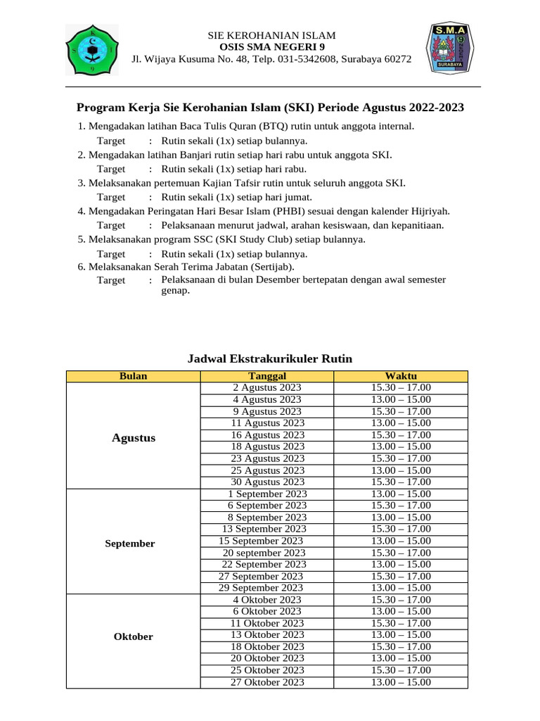Program Kerja Sie Kerohanian Islam 2023 | PDF