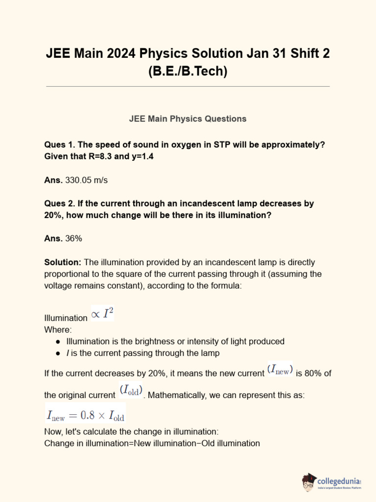 JEE Main 2024 Physics Solutions Jan 31 Shift 2 | PDF | Photoelectric ...