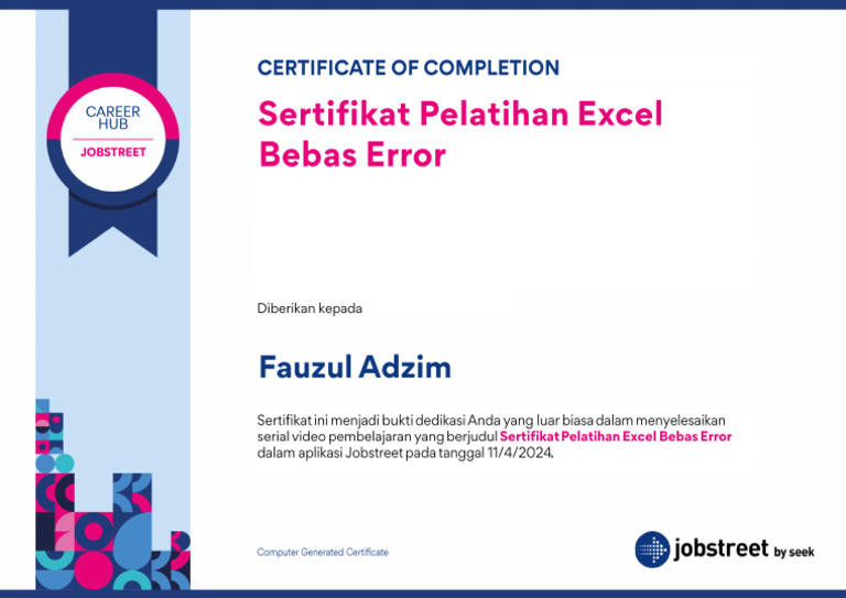 Sertifikat+Pelatihan+Excel+Bebas+Error+ +Fauzul+Adzim | PDF
