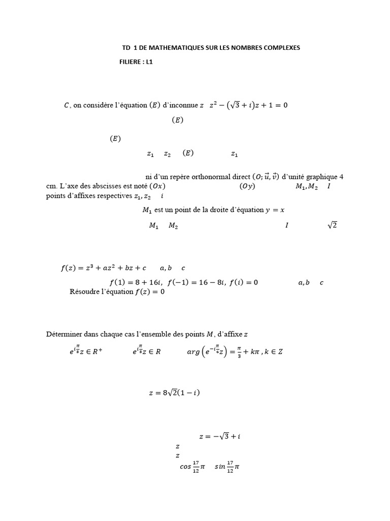 TD sur les Nombres Complexes L1 | PDF | Nombre complexe | Concepts ...