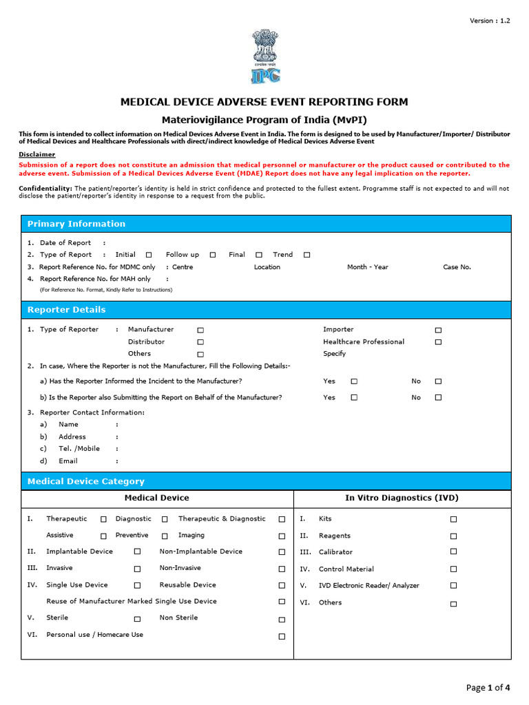 Materiovigilance Adverse Event Reporting Form | PDF | Medical Device ...