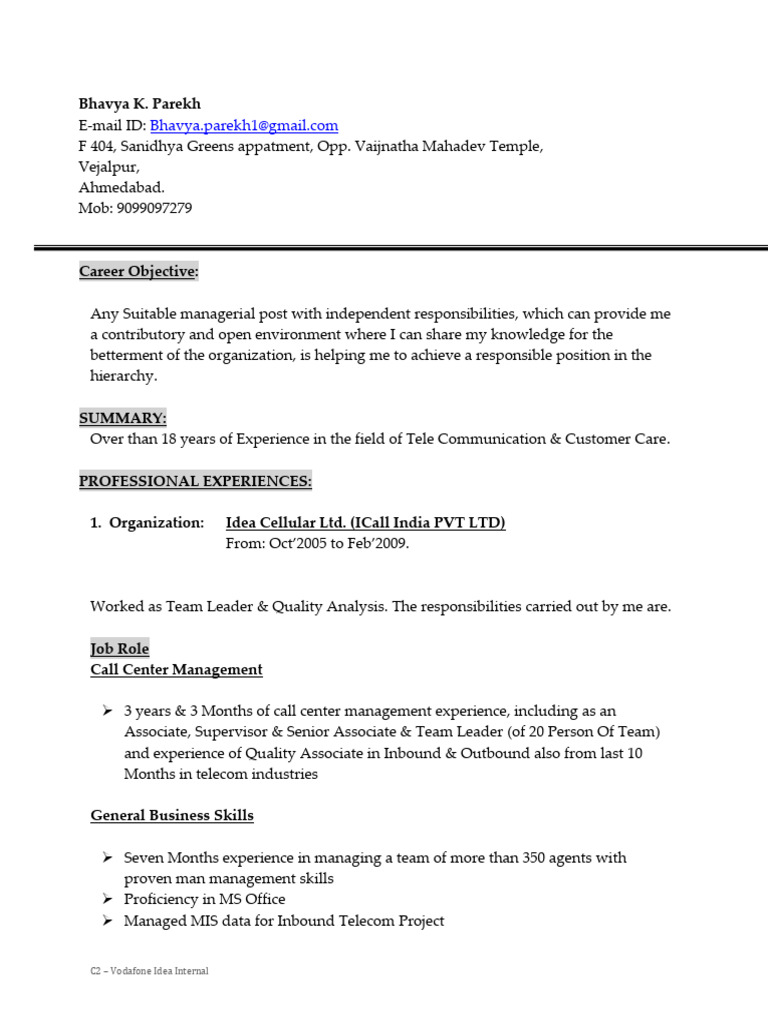 Cv bhavya pdf call centre business