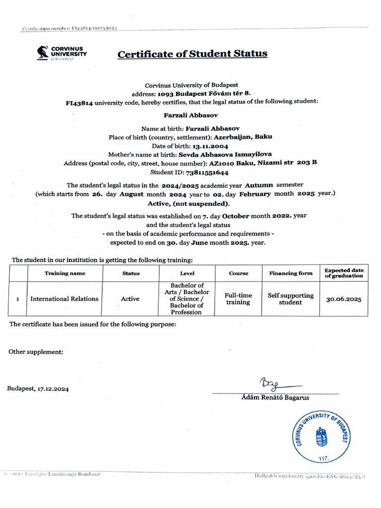 Corvinus Student Status Certificate | PDF