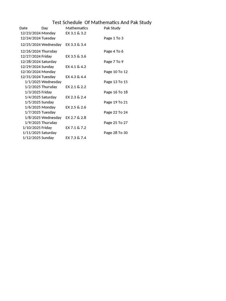 Class 10 Test Schedule 2024-2025 | PDF