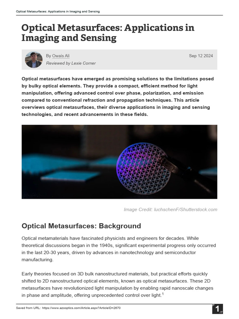 Optical Metasurfaces Applications in Imaging and Sensing | PDF ...