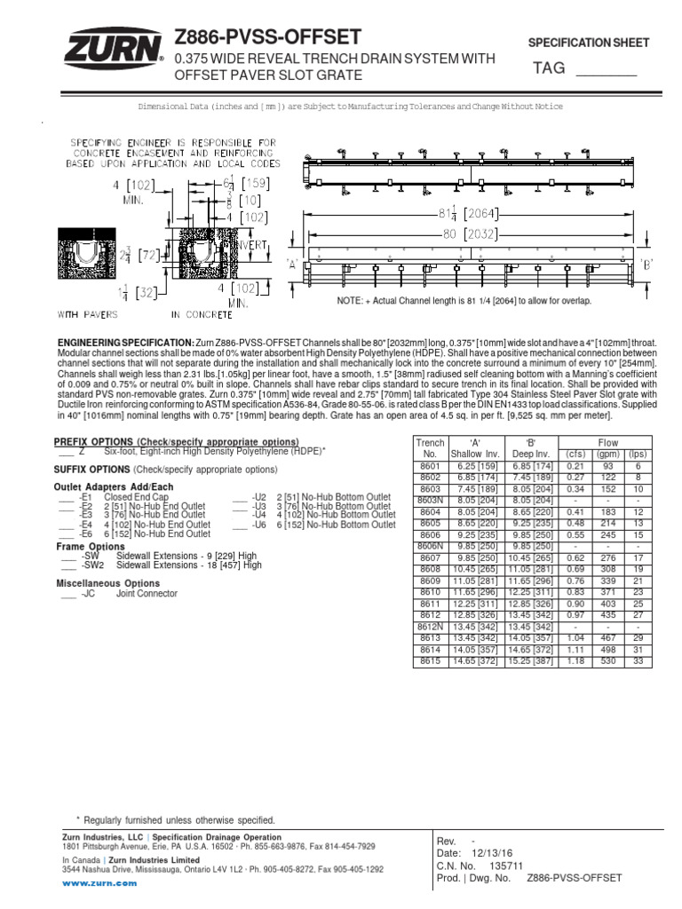 Zurn Z886-PVSS-Offset Trench Drain Specs | PDF | Building