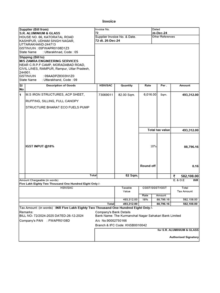S.R Aluminum Bill 72 | PDF | Economy Of India | Payments