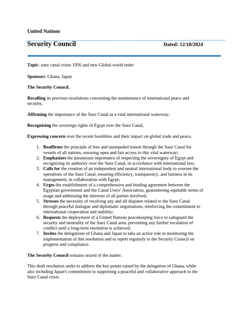 Suez Canal Crisis: UN Security Council Resolution | PDF