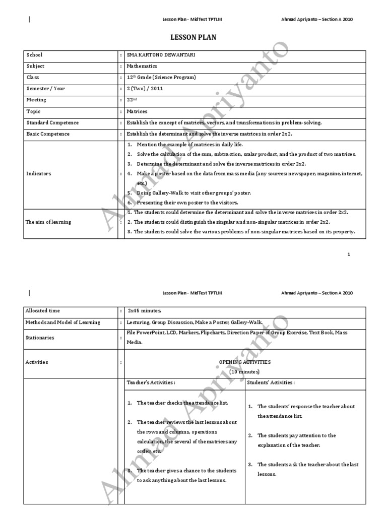 Lesson Plan Matrix – 12th grade Science | Matrix (Mathematics ...