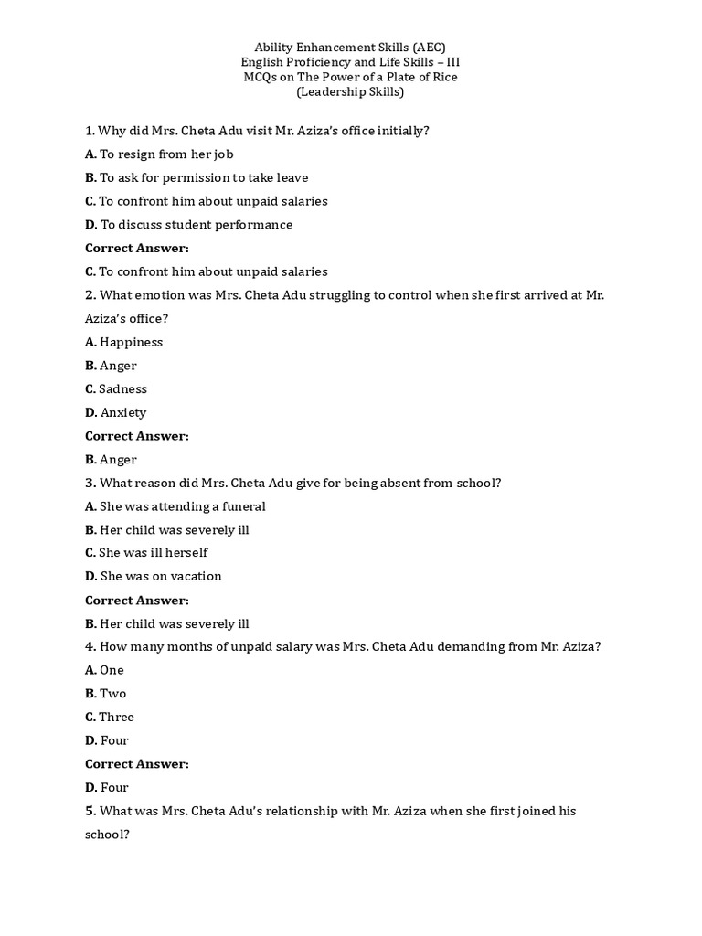 The Power of Plate of Rice - MCQS | PDF | Anger