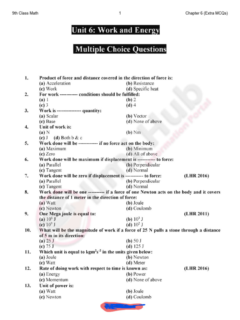 9th Phy Chap 6 Extra MCQs Made by Ahmad Amanat | PDF