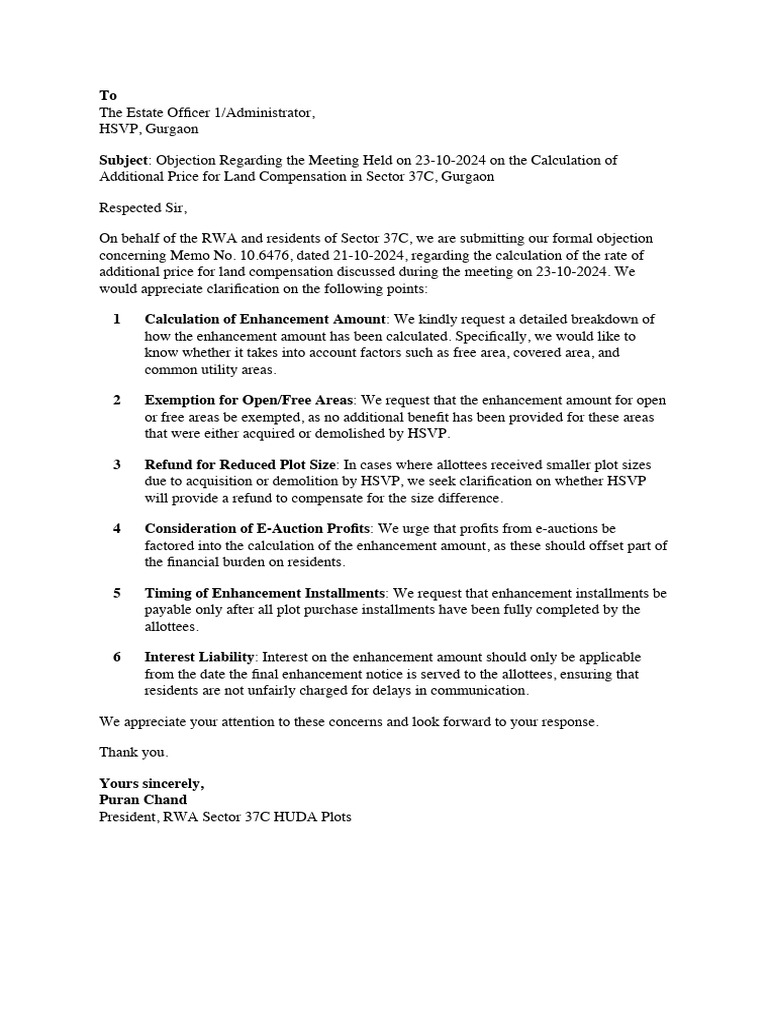 Objection to Land Compensation Meeting | PDF