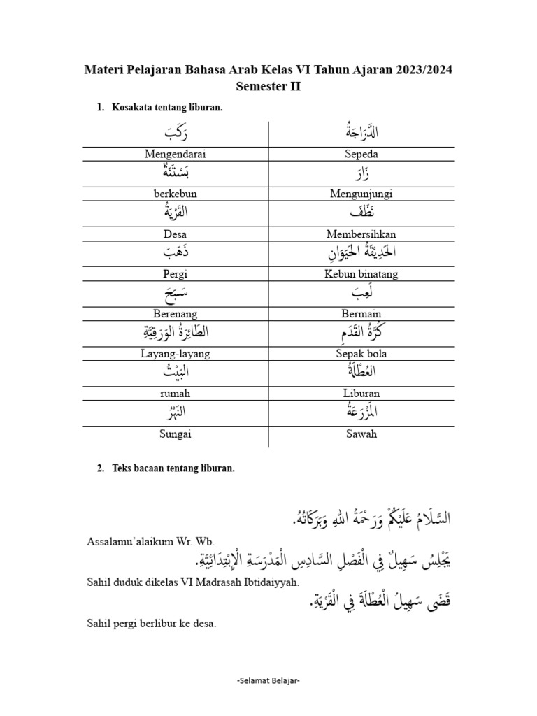 Materi Pelajaran Bahasa Arab Kelas VI | PDF